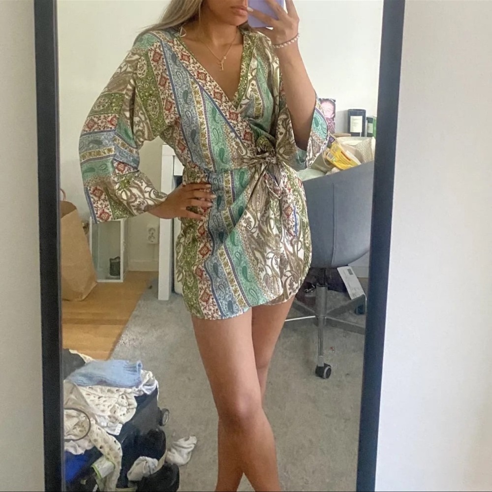 ZARA satin paisley crossover green blue long sleeve shorts jumpsuit